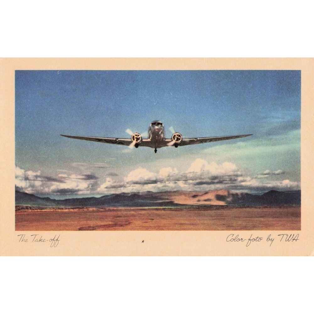 TWA The Take-off Twin Engine Airplane Aviation Linen Postcard c1945 Color-foto - Picture 1 of 2